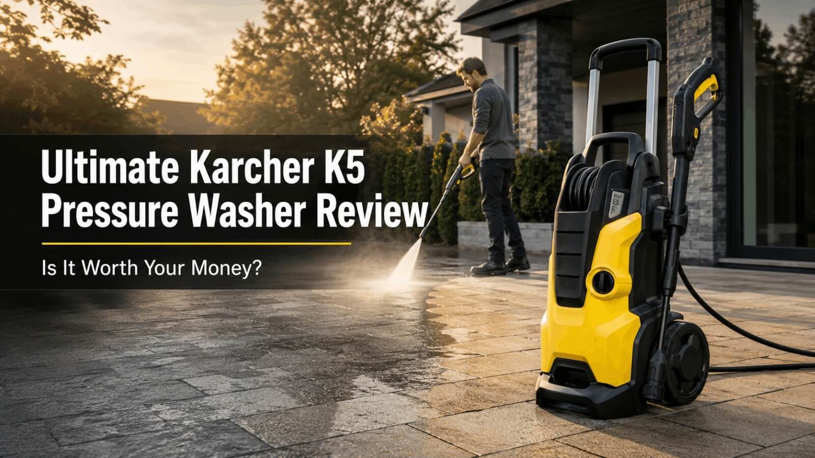 Karcher K5 pressure washer review banner showing outdoor patio cleaning