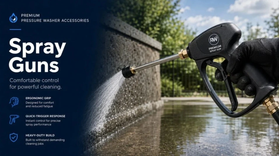Premium pressure washer spray gun spraying water for outdoor cleaning