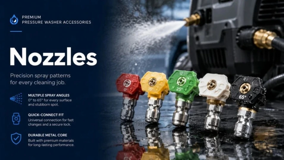 Multi color pressure washer nozzles set with different spray angles for outdoor cleaning
