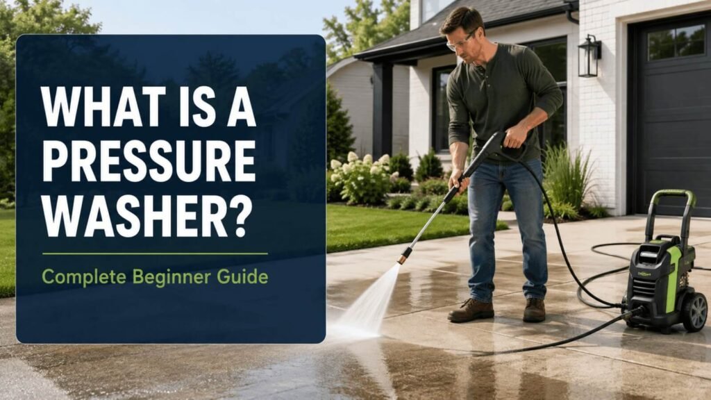What is a pressure washer complete beginner guide showing a man cleaning a driveway
