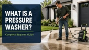 What is a pressure washer complete beginner guide showing a man cleaning a driveway