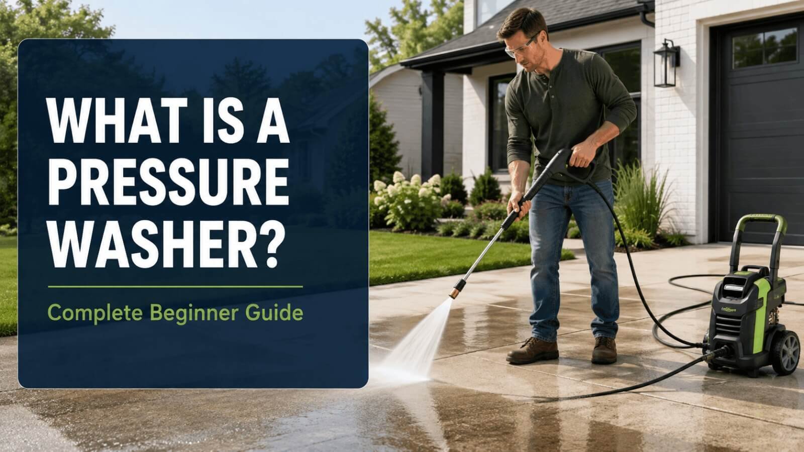 What is a pressure washer complete beginner guide showing a man cleaning a driveway