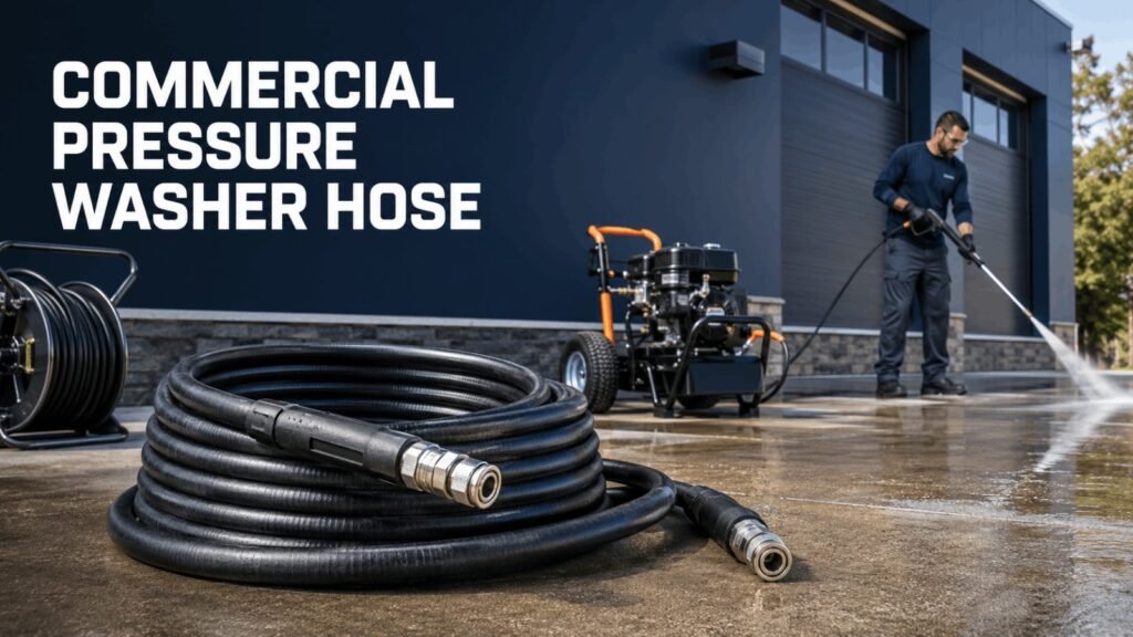 Commercial pressure washer hose guide banner