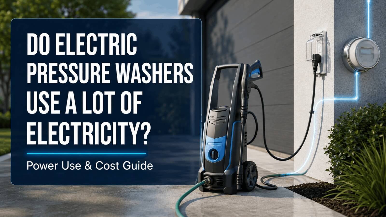 Corded electric pressure washer plugged into an outdoor GFCI outlet next to a house wall.