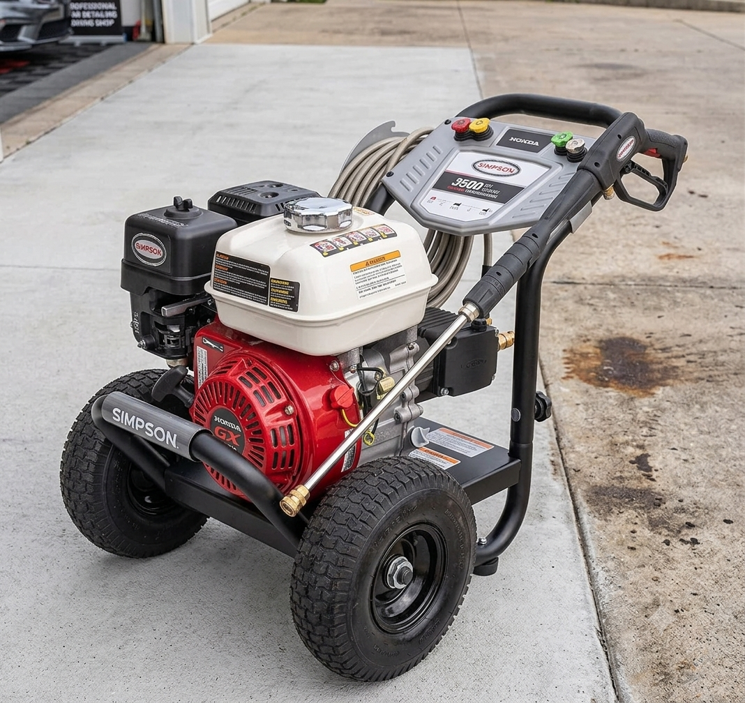 The Simpson 3500 PSI PowerShot in a commercial setting, parked on a clean concrete surface next to a partially cleaned, larger driveway.