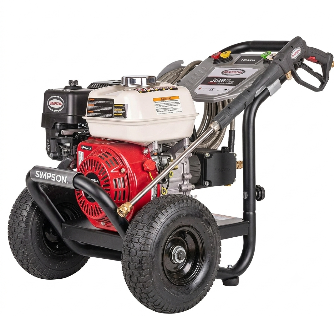 Side view of Simpson 3500 PSI PowerShot pressure washer showing the pump, pneumatic tires, and accessories.