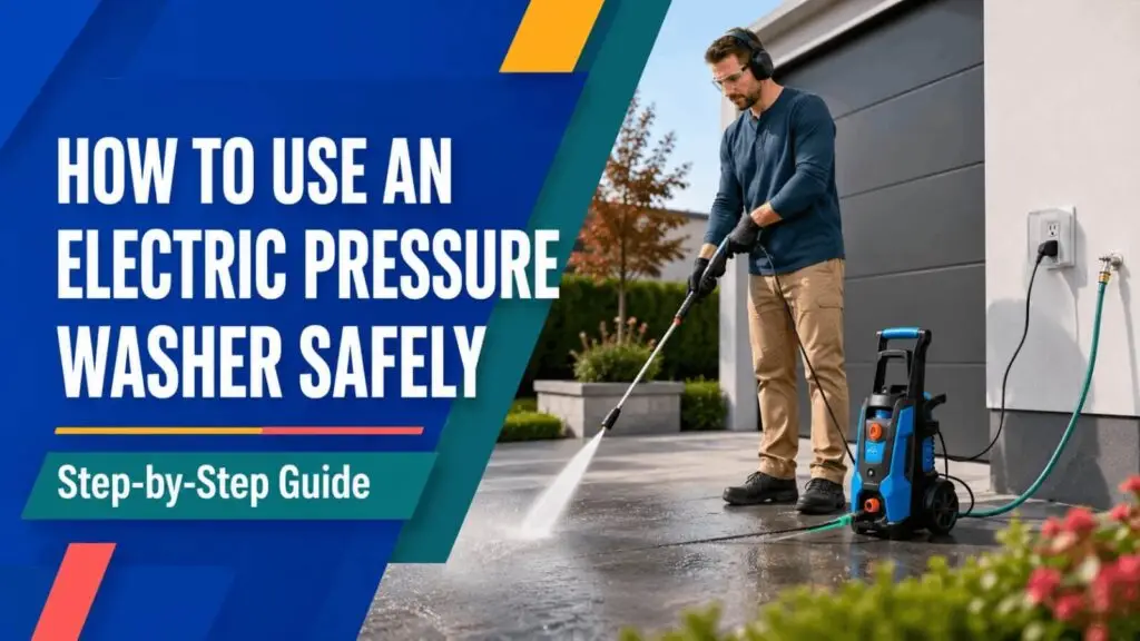 How to use an electric pressure washer safely step-by-step guide featuring a person pressure washing a concrete driveway