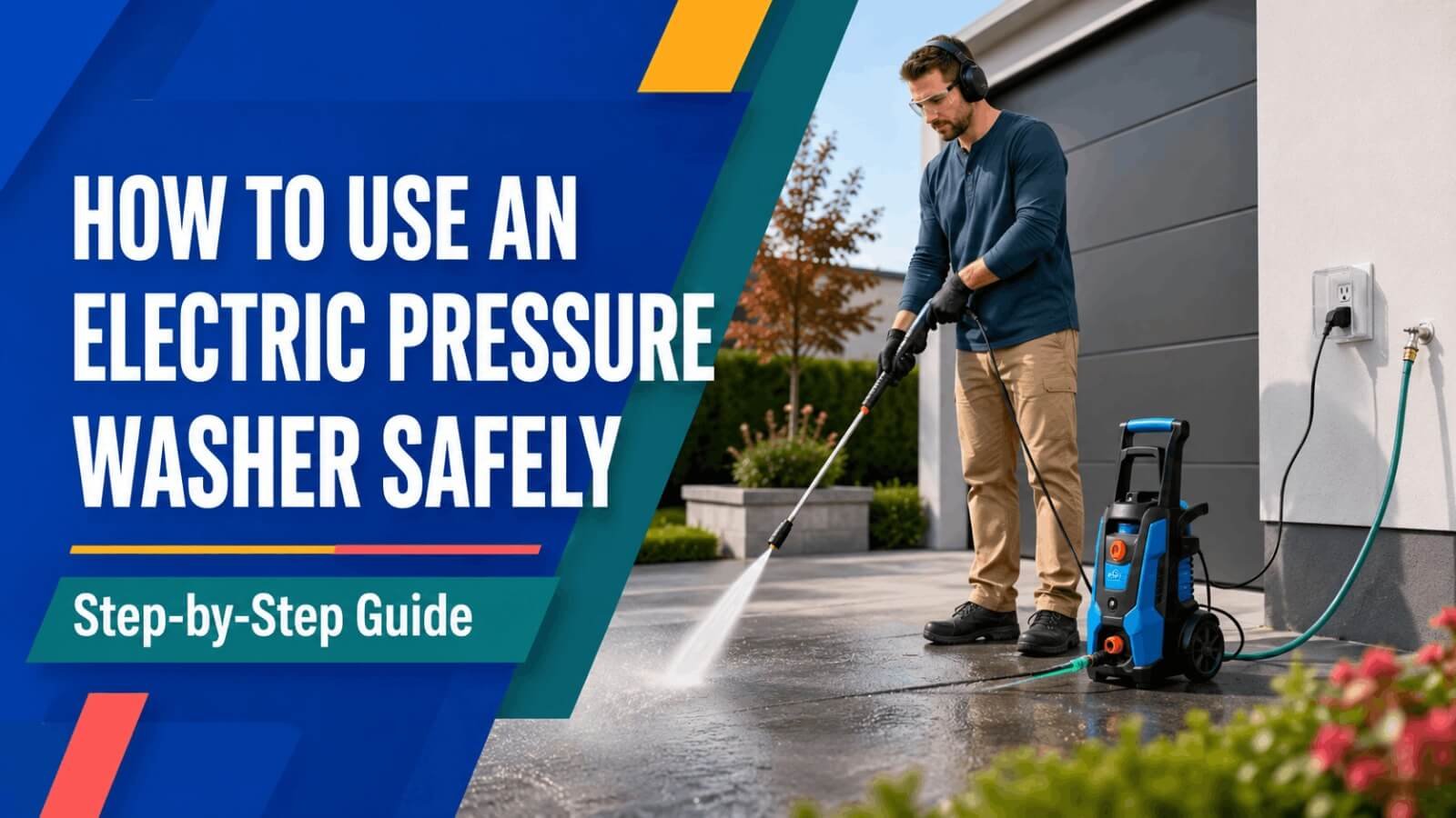 How to use an electric pressure washer safely step-by-step guide featuring a person pressure washing a concrete driveway