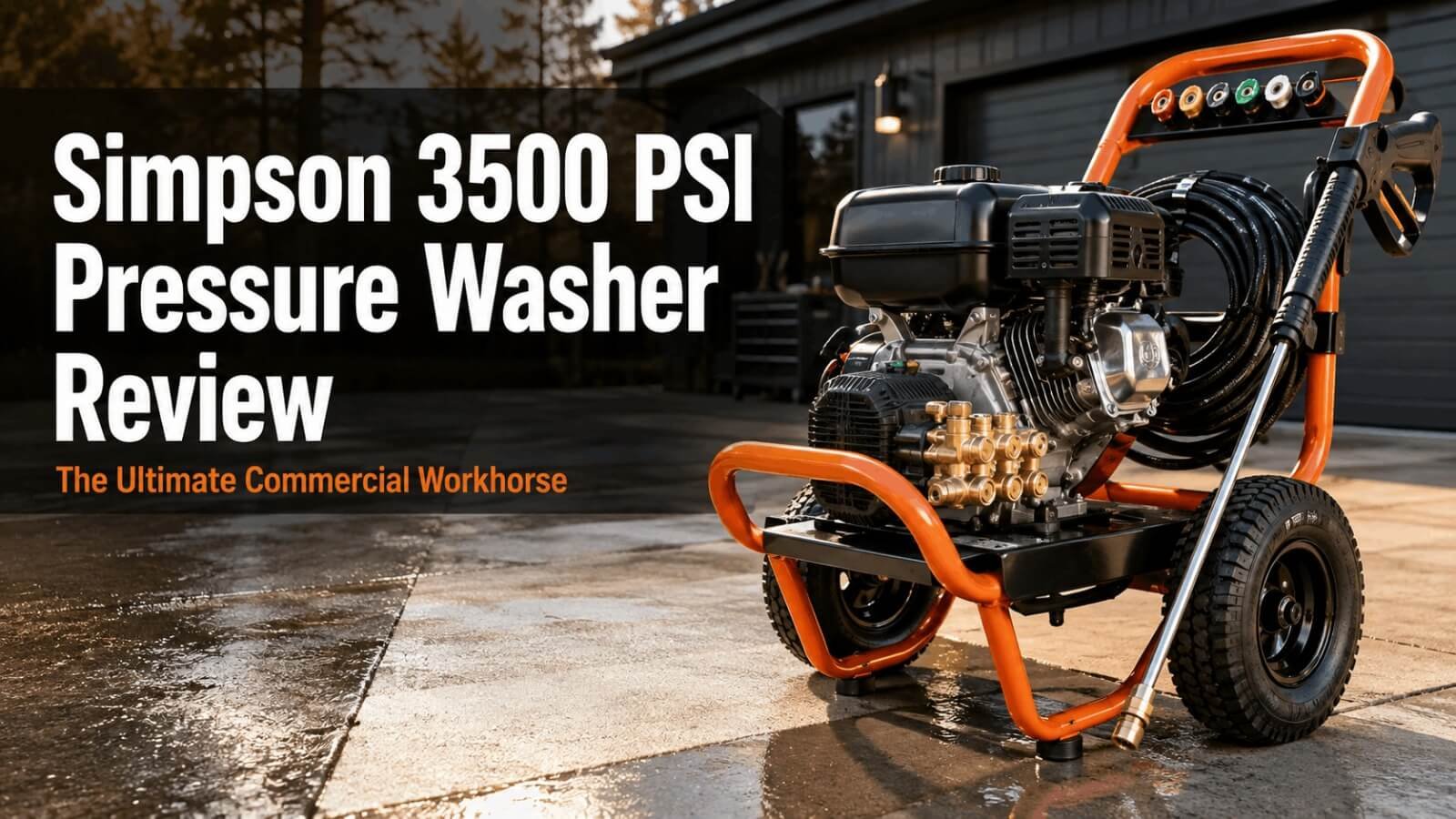Simpson 3500 PSI pressure washer review title banner with heavy-duty cleaning unit on driveway