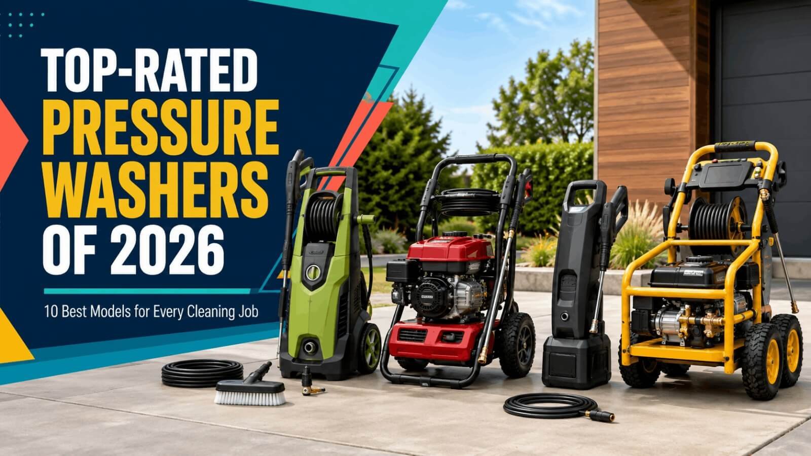 Top-rated pressure washers of 2026 graphic showing 10 best gas, electric, and cordless models.