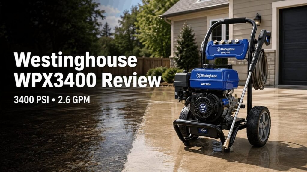 Westinghouse WPX3400 gas pressure washer product review featuring 3400 PSI and 2.6 GPM performance specs.