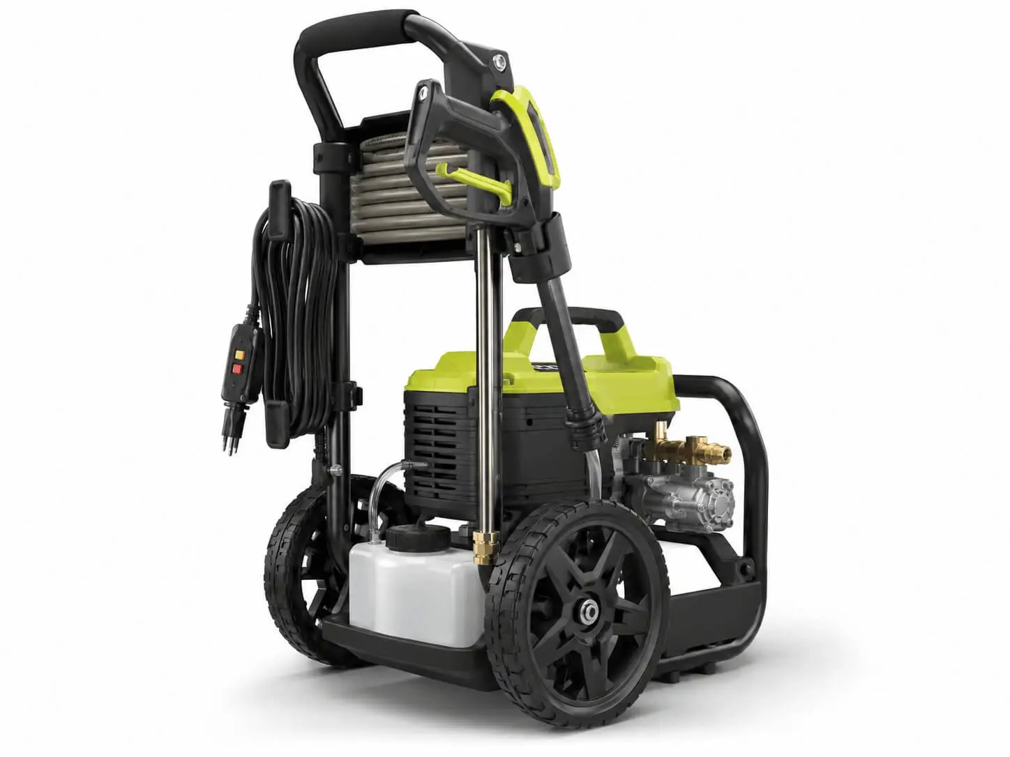 Rear view of Ryobi RY142500 electric pressure washer showing power cord, detergent tank, and wheels