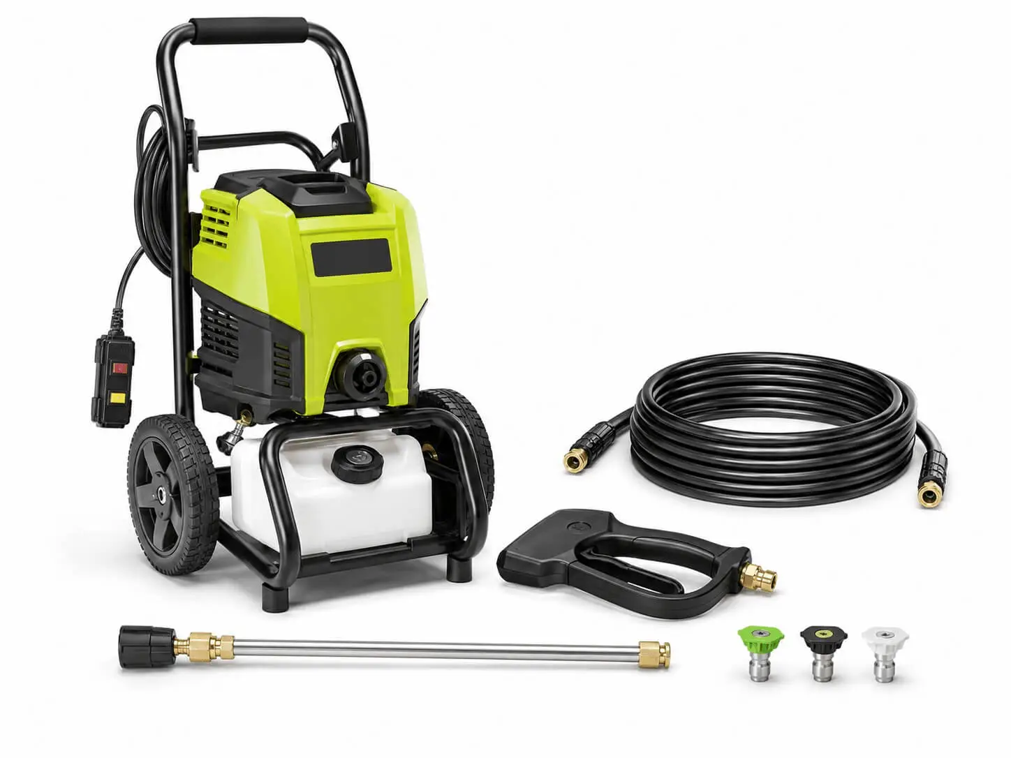 Ryobi RY142500 electric pressure washer displayed with hose, spray gun, wand, and 3 quick-connect nozzles