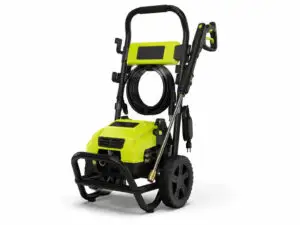 Ryobi RY142500 2500 PSI electric pressure washer with spray wand and hose mounted on wheel frame