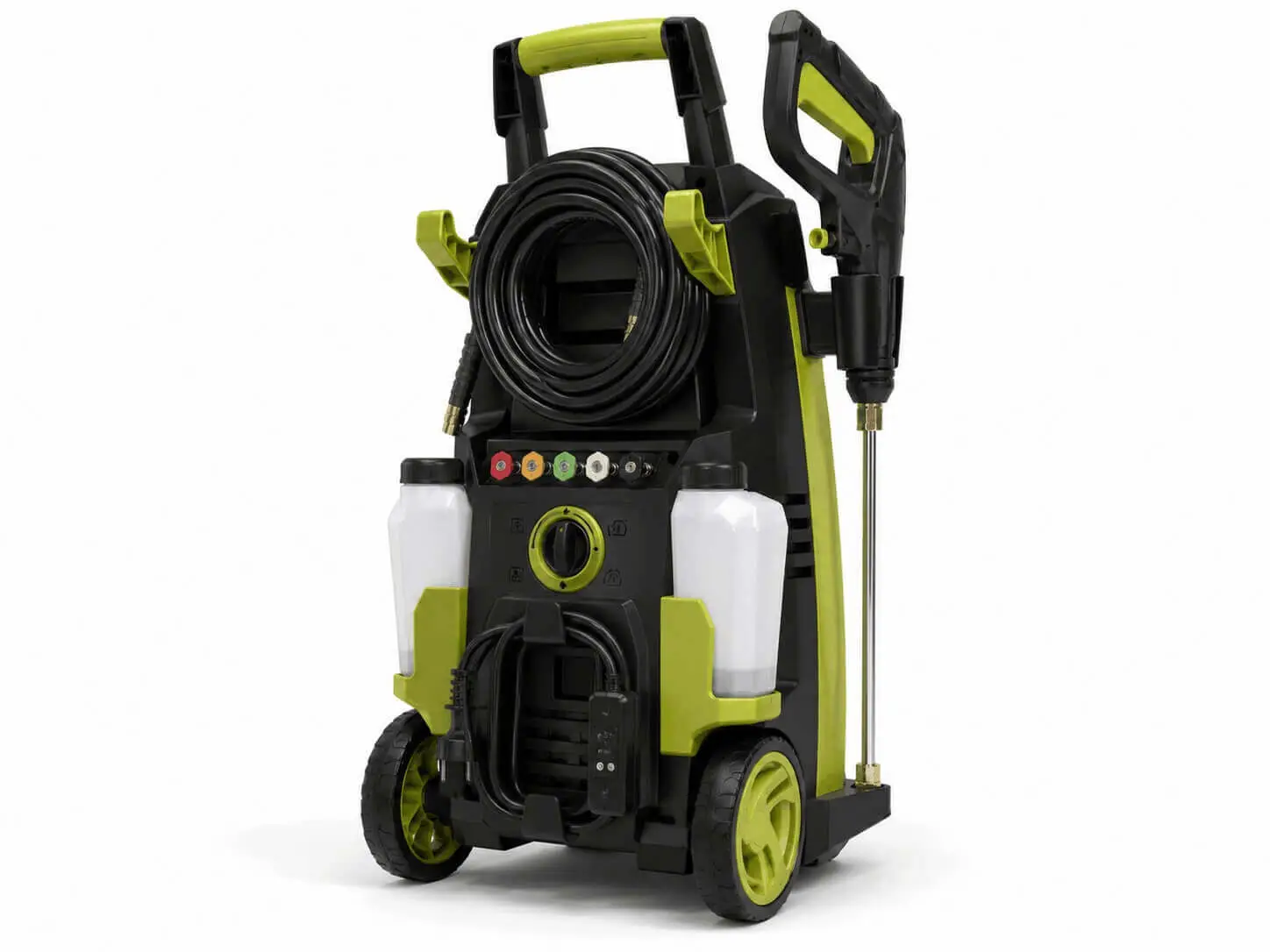 Back view of Sun Joe SPX3000 electric pressure washer showing dual detergent tanks and hose reel organizer