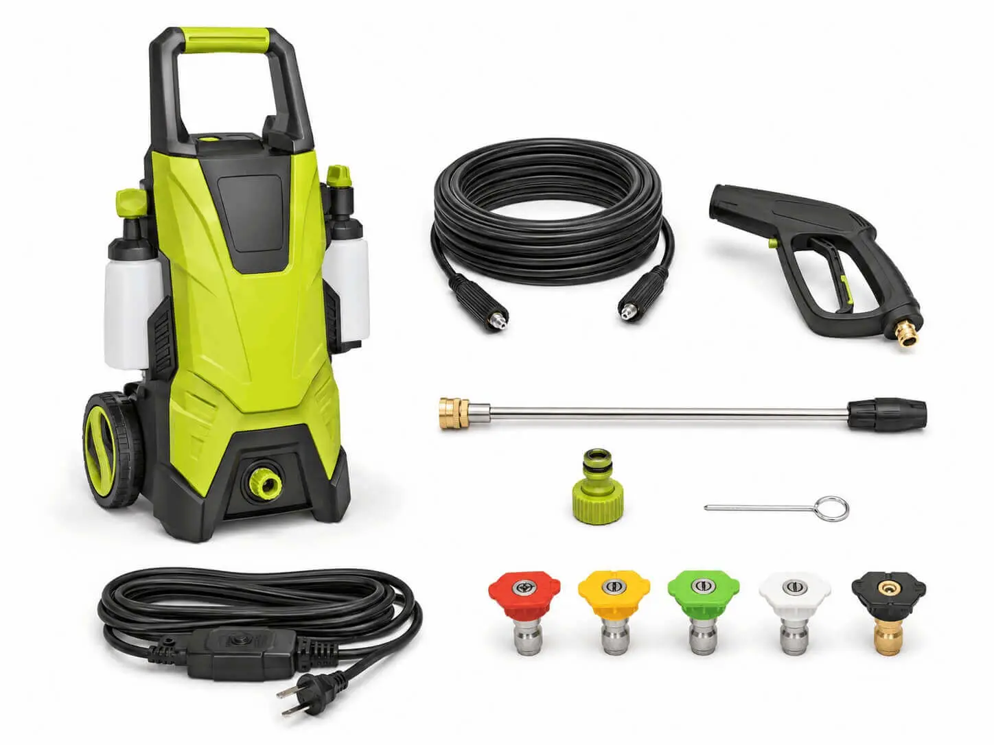 Sun Joe SPX3000 pressure washer accessories including hose spray gun extension wand and 5 quick connect nozzles