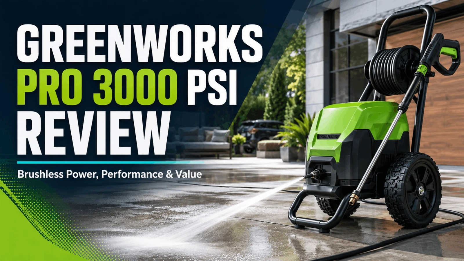 Greenworks Pro 3000 PSI brushless pressure washer review banner showing unit on driveway