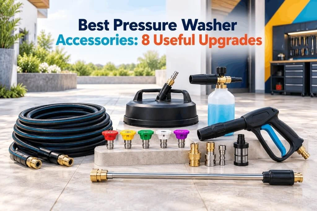 A complete set of pressure washer accessories including hose, surface cleaner, spray gun, foam cannon, nozzles, and fittings displayed outdoors.