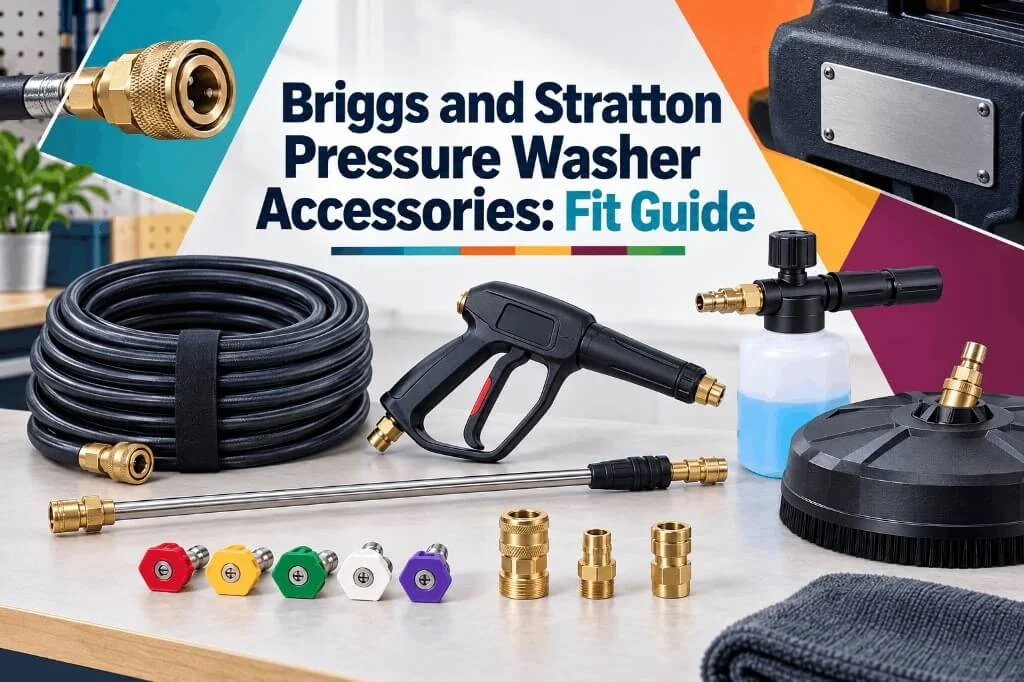 Complete collection of Briggs and Stratton pressure washer accessories including hoses, spray guns, and nozzles