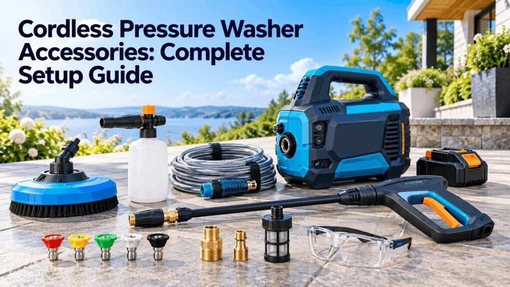 A complete setup of cordless pressure washer accessories including foam cannon, spray nozzles, surface cleaner, hose, and battery.