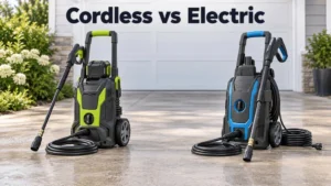 cordless vs electric pressure washer side by side comparison on a concrete driveway