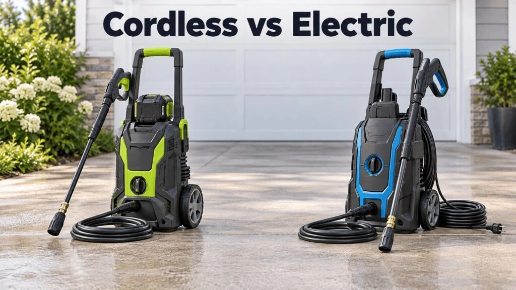cordless vs electric pressure washer side by side comparison on a concrete driveway