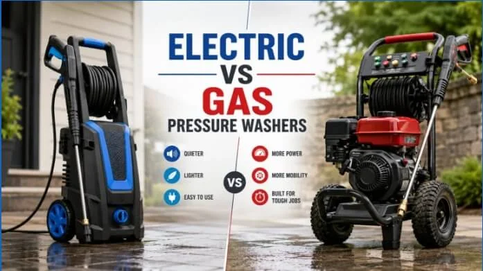 Side-by-side comparison between electric and gas pressure washers showing key differences in power and usability