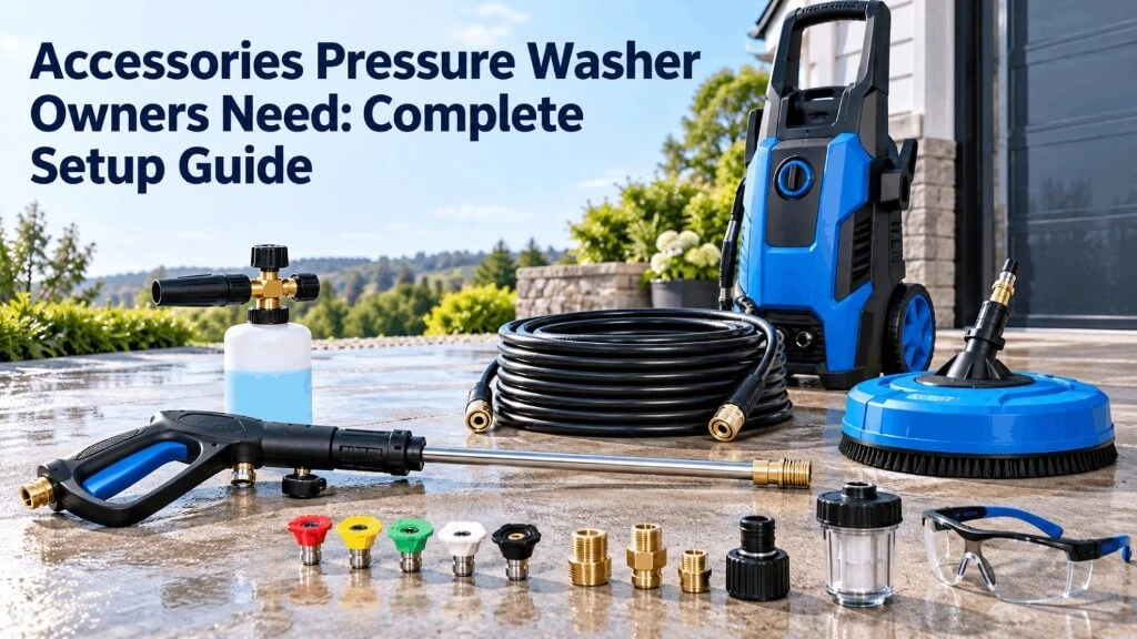 Complete accessories pressure washer setup guide including spray gun, high-pressure hose, surface cleaner, foam cannon, and nozzle tips.
