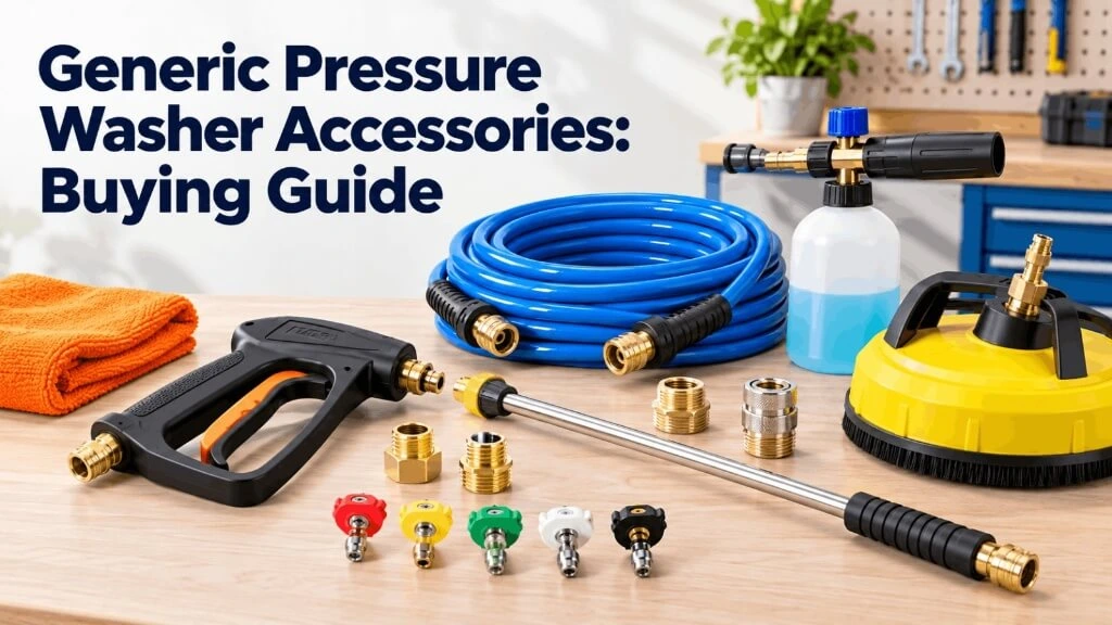 Complete collection of generic pressure washer accessories including hose, spray gun, nozzles, and foam cannon.