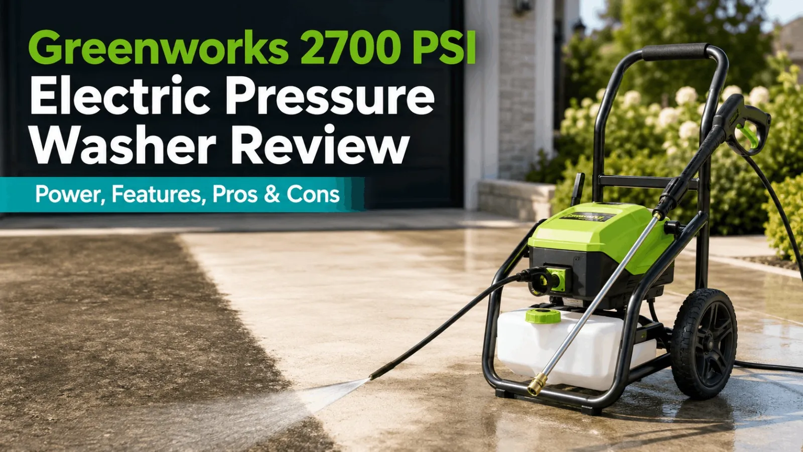 Greenworks 2700 PSI electric pressure washer review banner showing features, pros and cons