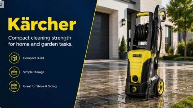Karcher yellow electric pressure washer unit placed on paved driveway for home and garden cleaning