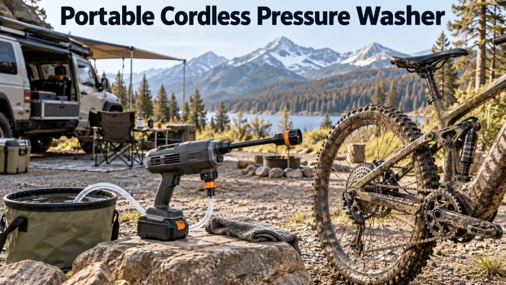 Portable cordless pressure washer drawing water from a bucket to clean a muddy mountain bike at a campsite.