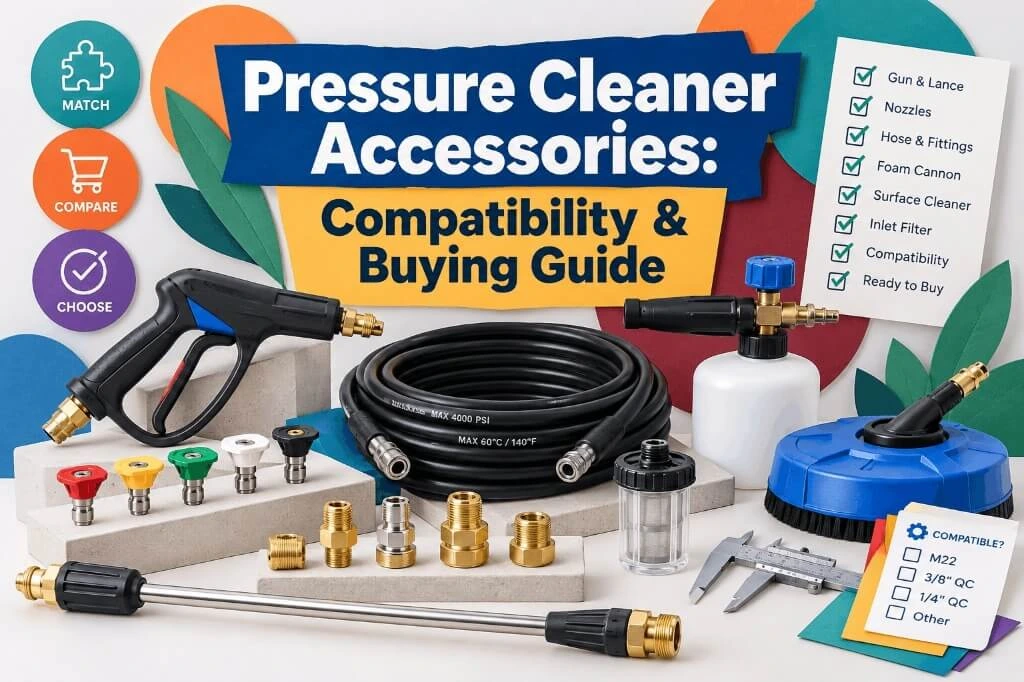 Overview of essential pressure cleaner accessories including spray guns, hoses, nozzles, and surface cleaners.