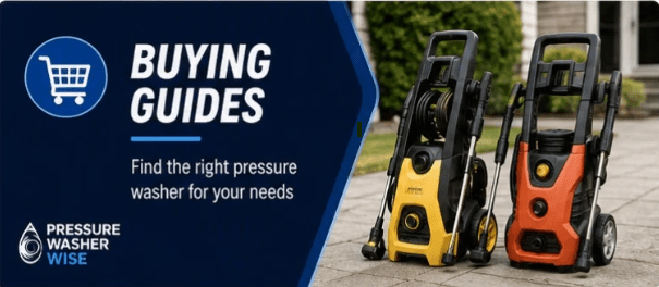 A graphic card showing pressure washer models and a shopping cart icon, guiding users to find the right pressure washer