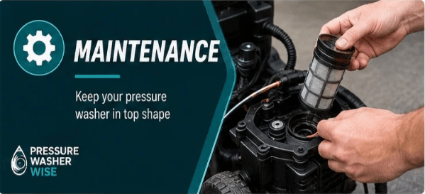 A card with an internal view of a pressure washer engine and gear icons, illustrating essential maintenance tips to keep it in top shape