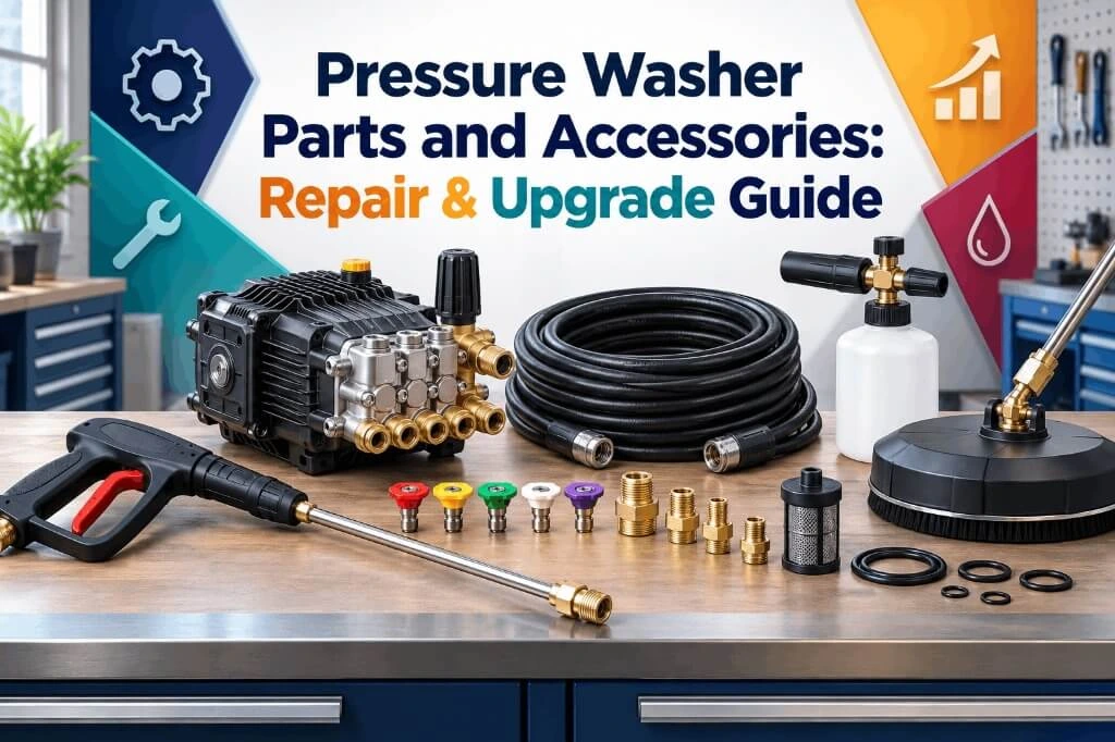 Pressure washer parts and accessories including a replacement pump, spray gun, nozzles, hose, foam cannon, and surface cleaner on a workbench for repair and upgrade.