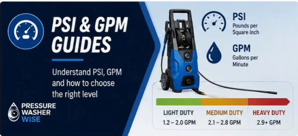 A graphic guide comparing pressure washer PSI and GPM ratings for light, medium, and heavy duty cleaning levels