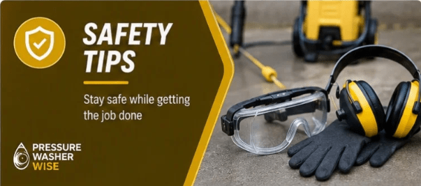 Safety glasses, ear protection headphones, and work gloves placed near a pressure washer for pressure washer safety tips