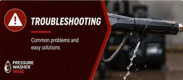A leaking pressure washer spray gun nozzle demonstrating common pressure washer troubleshooting problems and easy solutions