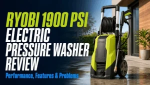 Ryobi 1900 PSI electric pressure washer review banner showing performance features and problems overview.