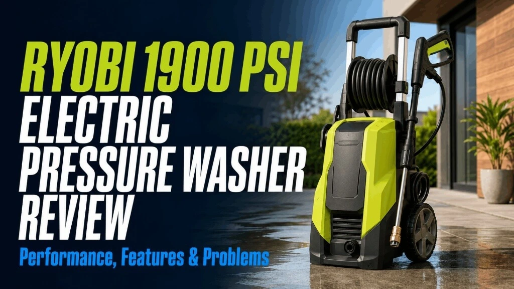 Ryobi 1900 PSI electric pressure washer review banner showing performance features and problems overview.
