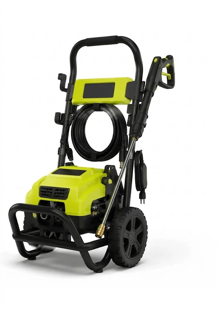 Green and black Ryobi RY142500 brushless electric pressure washer with wheels, spray wand, and hose reel