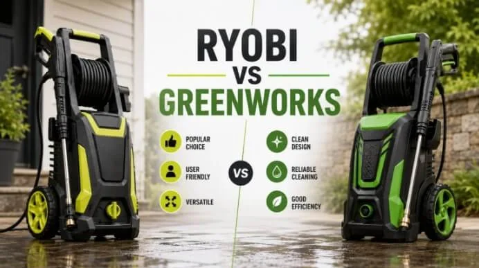 Side-by-side comparison between Ryobi and Greenworks pressure washers showing key features like design, usability, and cleaning efficiency