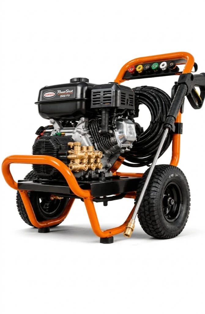 Heavy-duty Simpson PowerShot gas pressure washer with an orange frame, 3500 PSI rating, professional-grade pump, and hose