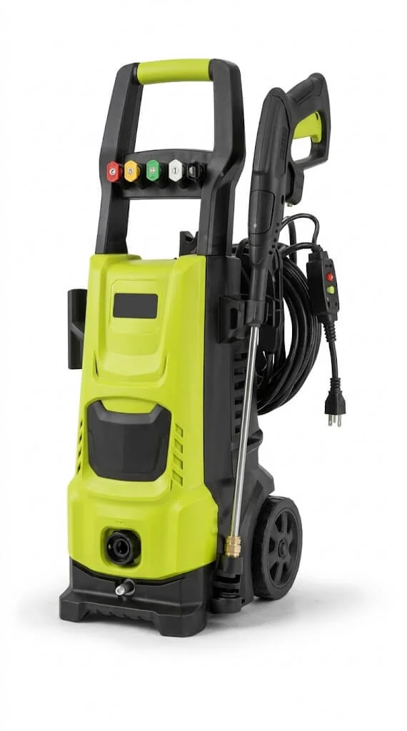Sun Joe SPX3000 green and black electric pressure washer with spray wand, hose, and interchangeable quick-connect nozzles