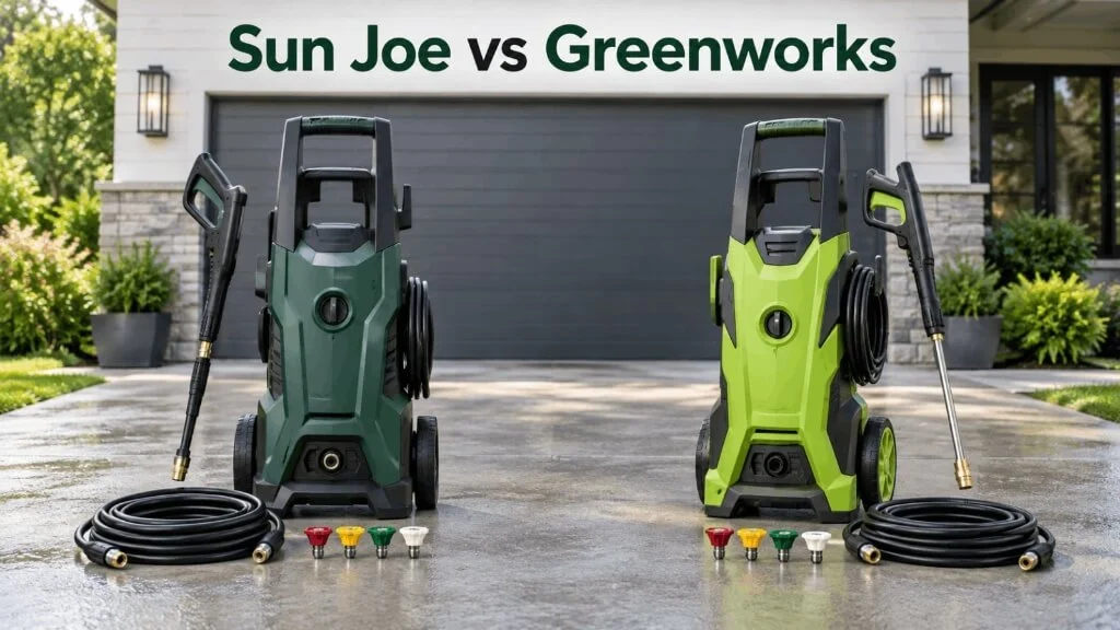 Sun Joe SPX3000 (dark green) and Greenworks Pro GPW3001 (lime green) electric pressure washers side-by-side on a stone driveway.