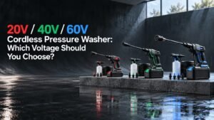 20V / 40V / 60V cordless pressure washer lineup showing three battery voltage options