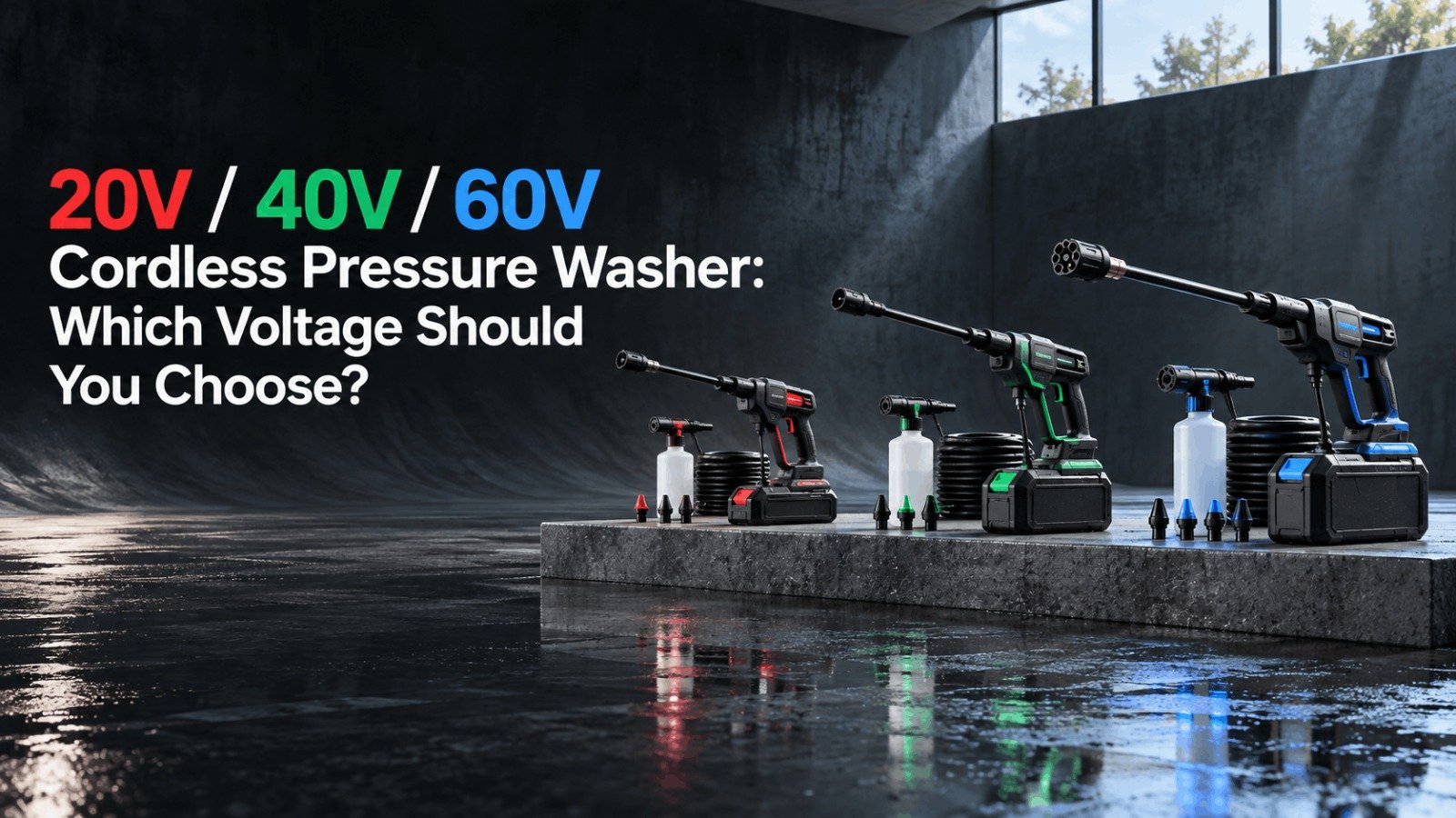 20V / 40V / 60V cordless pressure washer lineup showing three battery voltage options