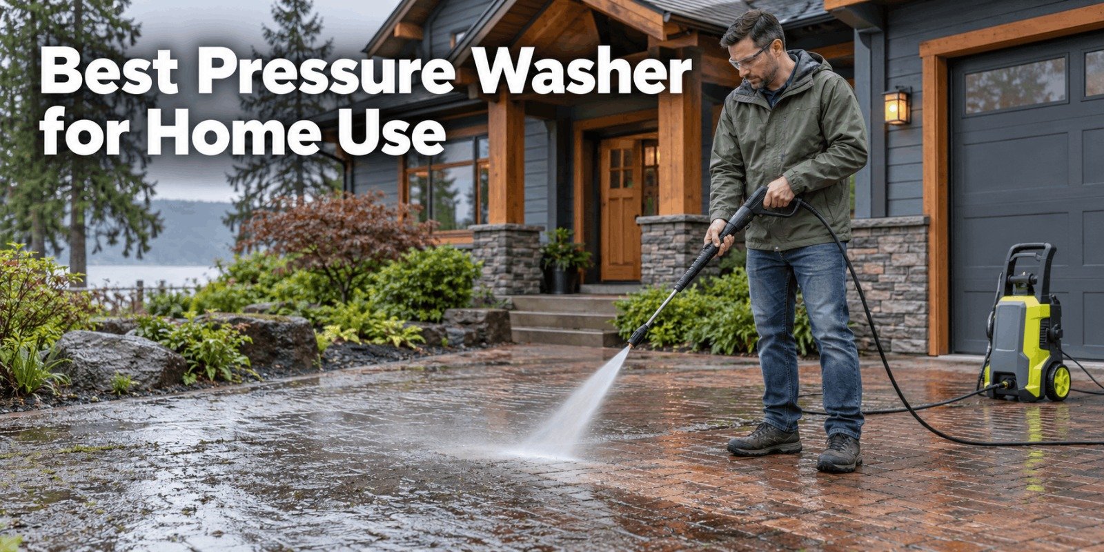 Best pressure washer for home use: homeowner cleaning a brick driveway with an electric pressure washer