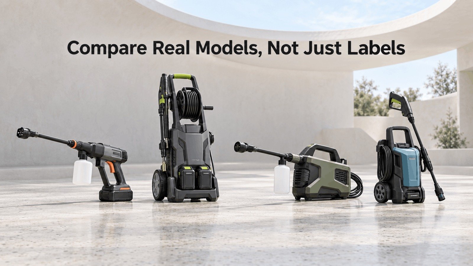 Compare real 20V / 40V / 60V cordless pressure washer models, not just voltage labels